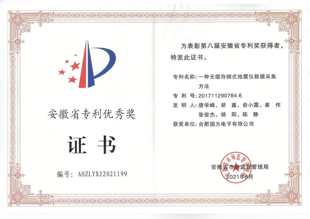 第八屆安徽省專利獎優秀獎證書